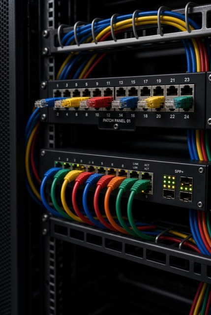 Patch panel and network switch with structured cabling