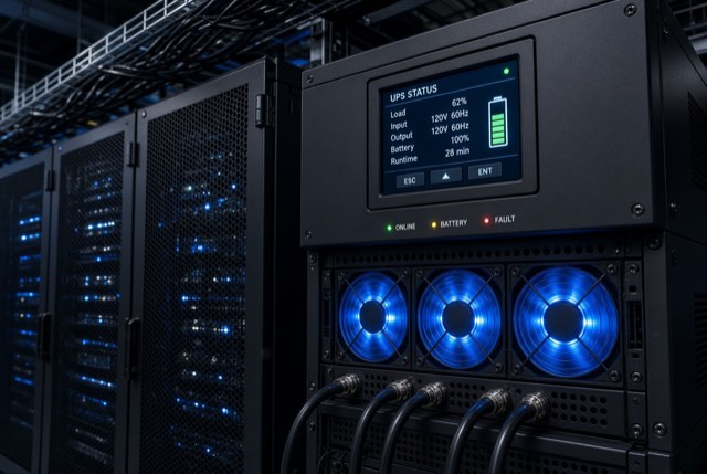 UPS unit with status display and cooling fans in a server room
