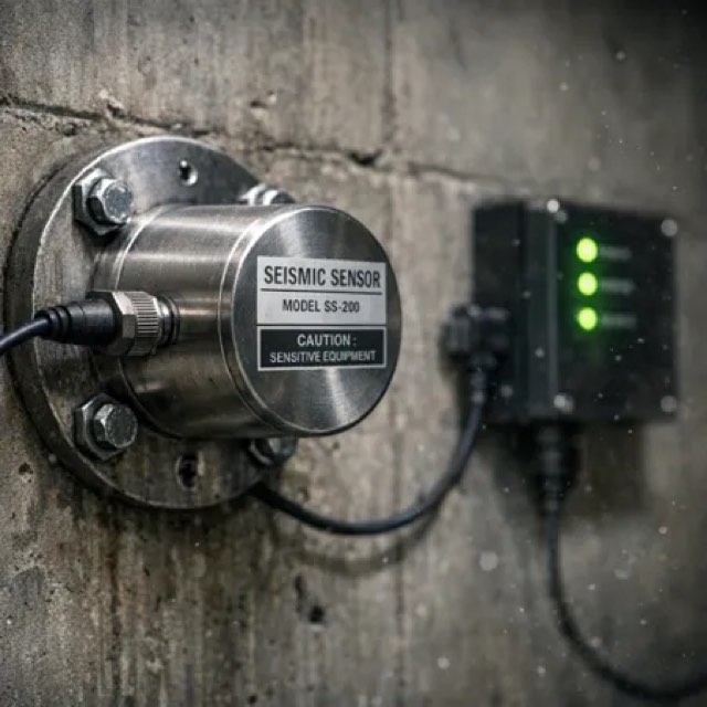 Seismic sensor mounted on a wall with a datalogger