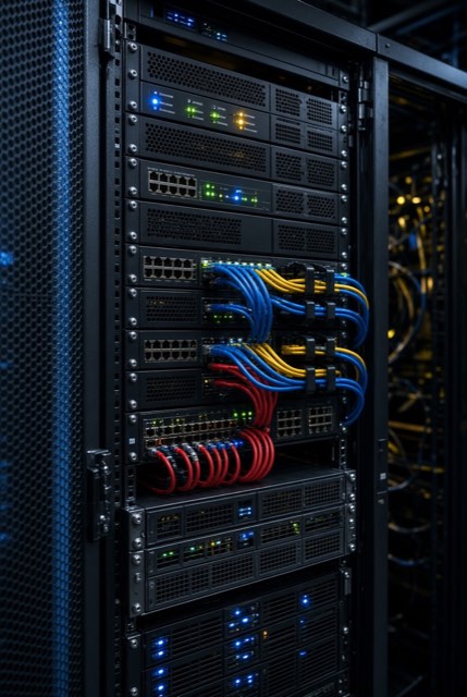 Server rack with network switches and cabling