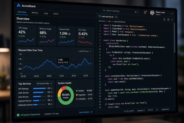 Software monitoring dashboard and code editor on screen