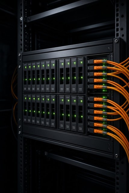 Storage array disk shelf with fiber optic cabling